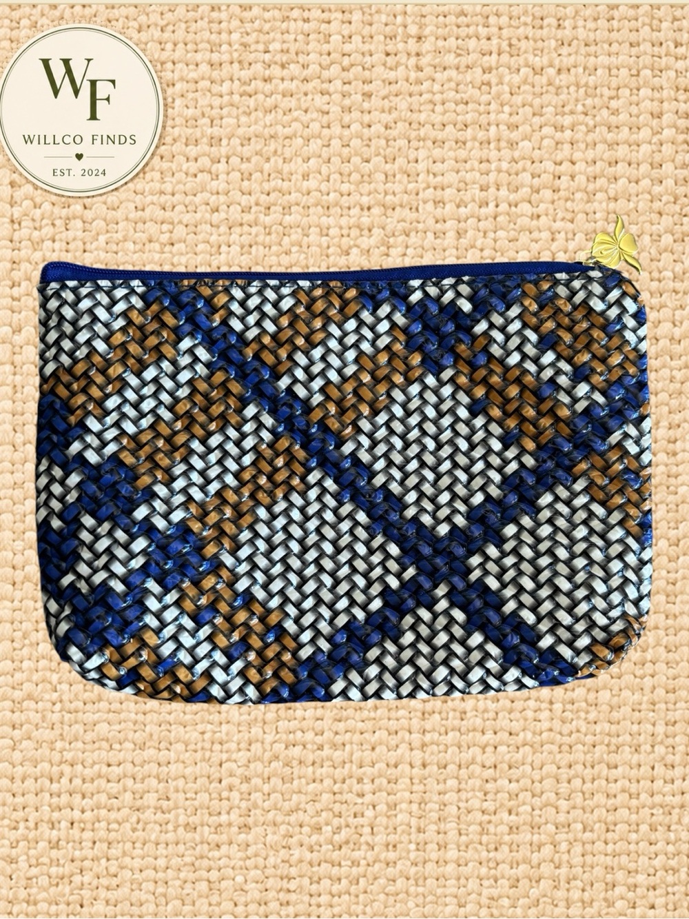 Lancôme Cosmetic Makeup Bag Blue Tan White Woven Print Gold Rose Charm
